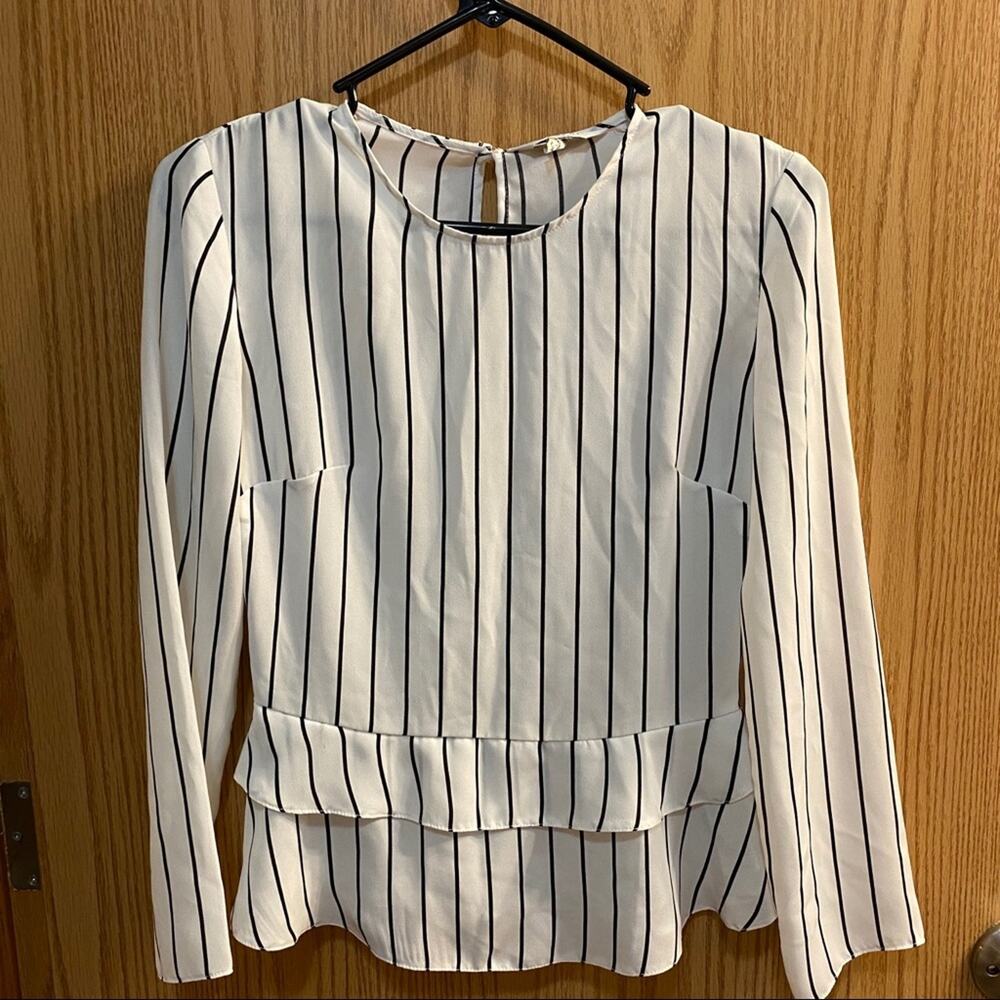 Miss Selfridge Dressy Peplum Top Women's Size 0 White Black Stripes Long Sleeves